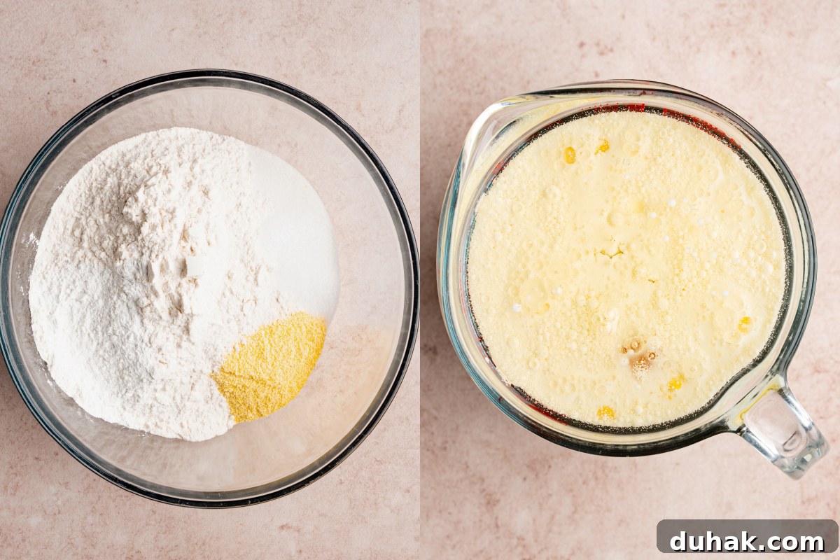 The dry ingredients in a bowl on the left with the wet ingredients in a bowl on the right.