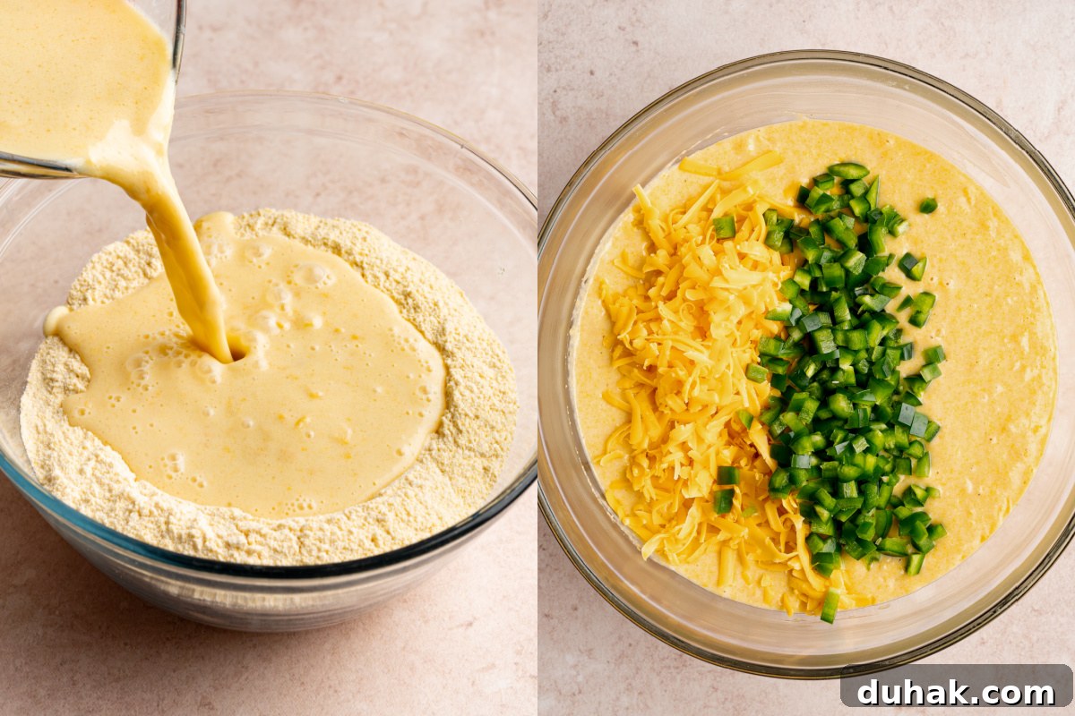 Pouring the wet ingredients into a bowl with the dry ingredients, then adding the cheese and jalapenos before mixing everything together.