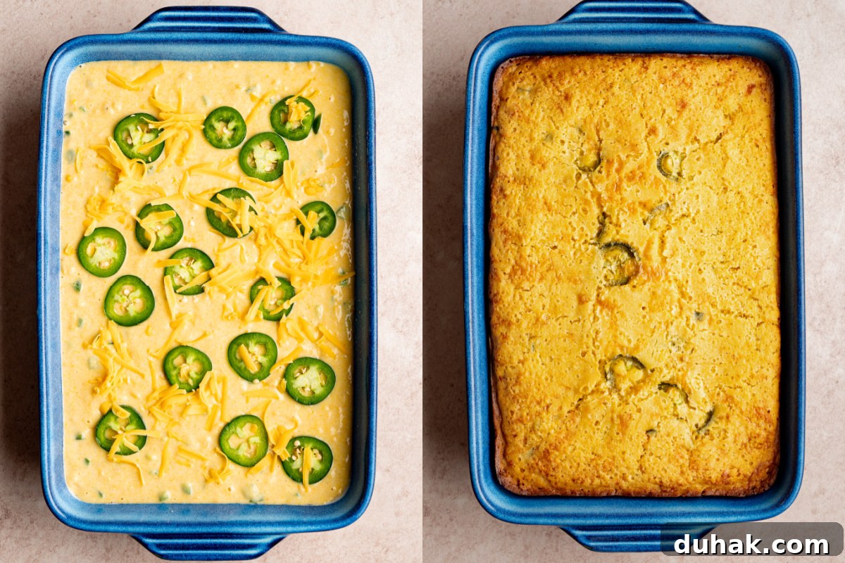 The cornbread batter in a 13x9-inch baking dish before and after baking in the oven.