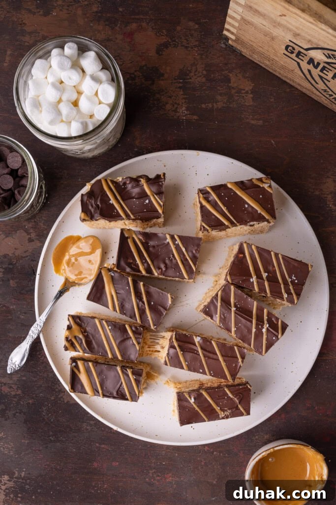 Overhead image of a white plate full of chocolate covered peanut butter rice krispie treats with peanut butter drizzled on top. 