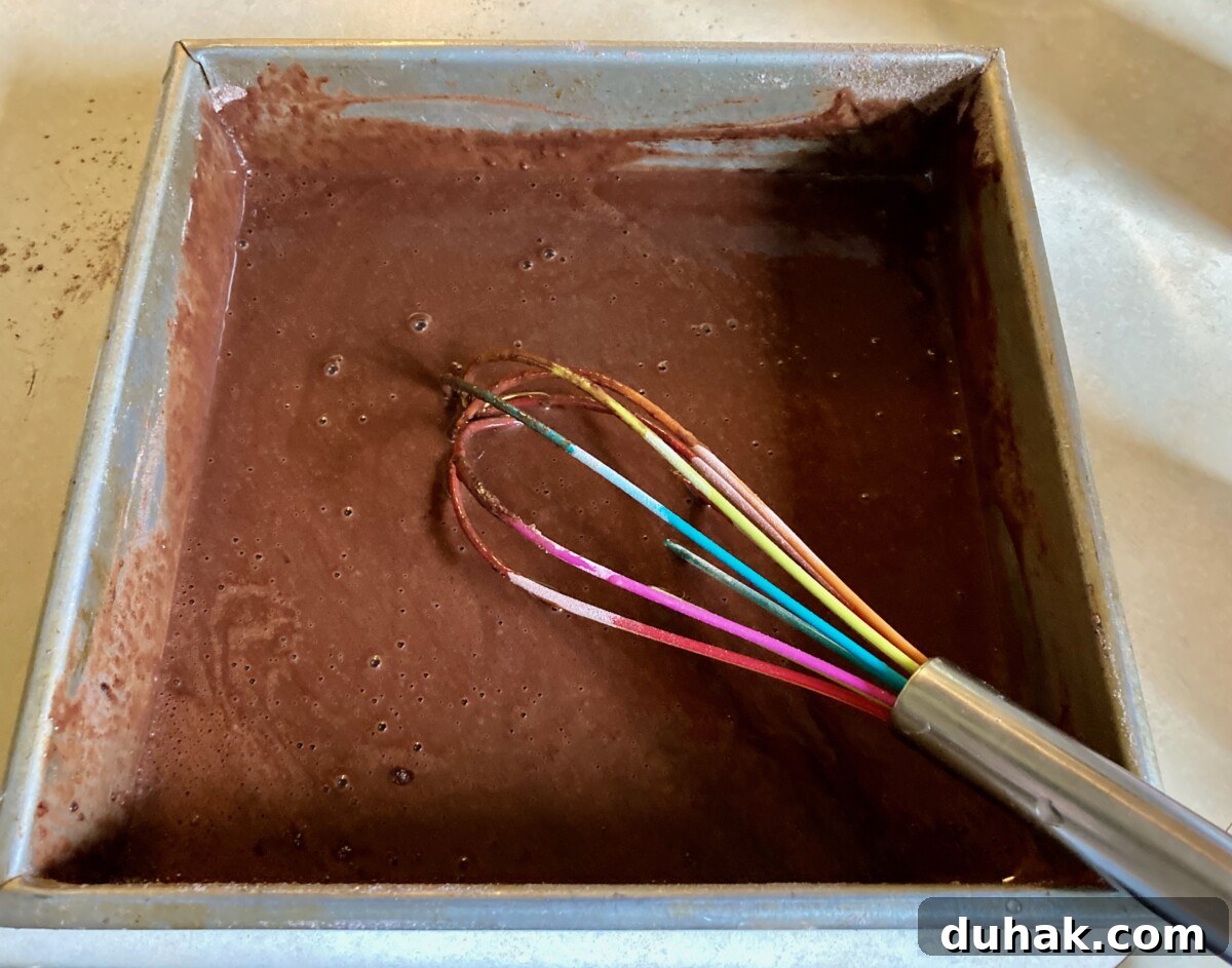 Eggless Wacky Cake Recipe — No Butter, No Milk Needed 5 Mixing Depression Cake in baking pan with whisk.