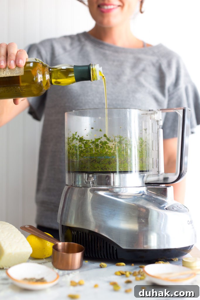 Fig & Pistachio Pesto Pizza Recipe for Sweet Savory Pairing 9 pistachio pesto sauce - add olive oil