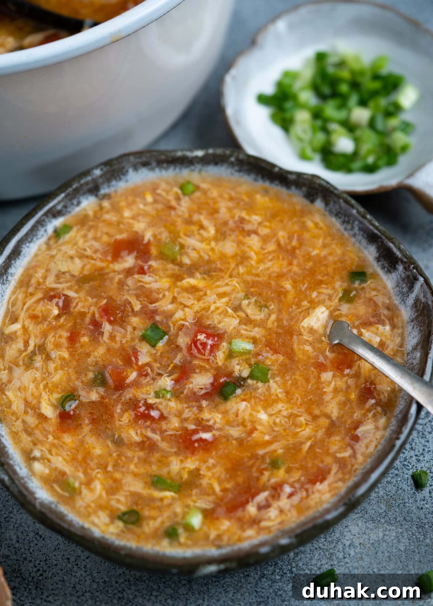 Quick Tomato and Egg Drop Soup Recipe for Comforting Meals 9 Bowl of Asian Tomato Egg Drop soup with green onion Garnish on top.