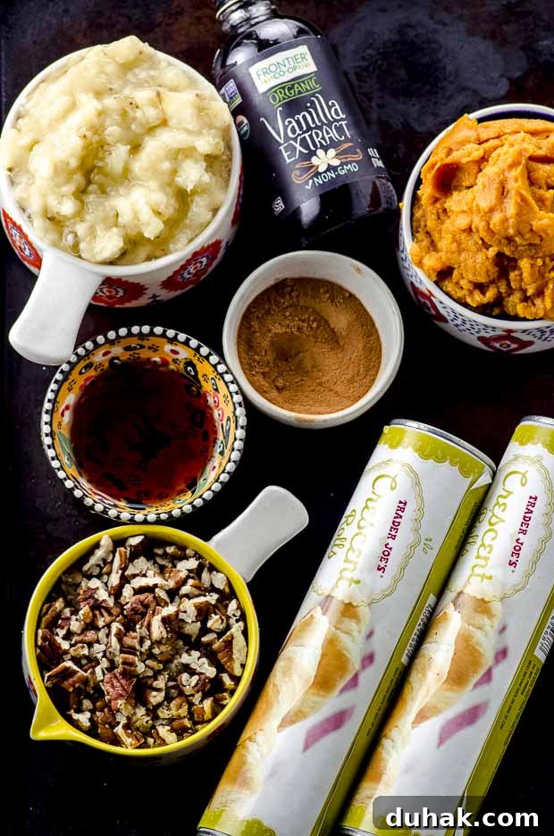 Maple-Banana Pumpkin Cinnamon Rolls with Warm Cinnamon Glaze 3 Image of all the ingredients to make banana pumpkin cinnamon rolls. Crescent rolls, pecans, maple syrup, brown sugar, bananas, vanilla extract and canned pumpkin