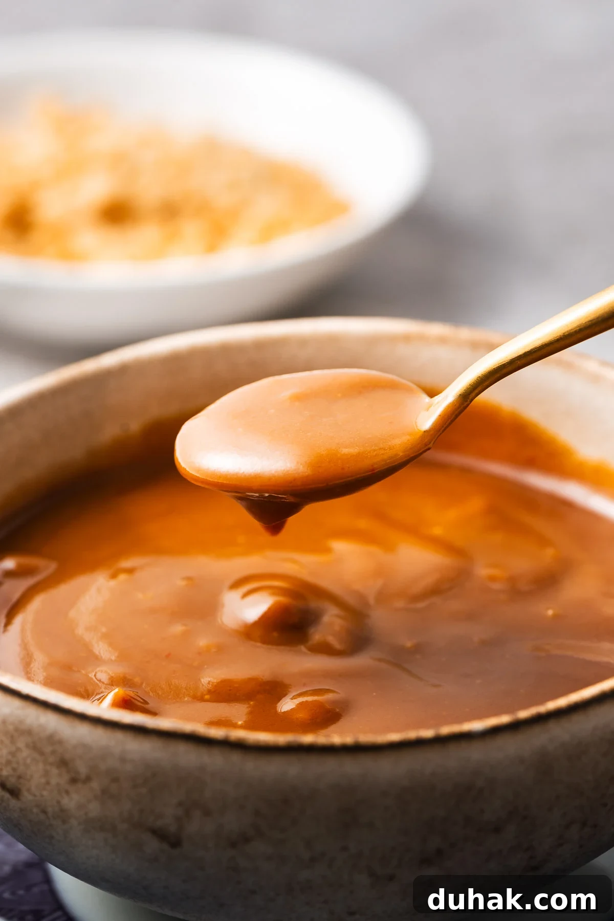 Hoisin Peanut Sauce Recipe for Stir-Fries, Dipping & Marinades 10 A teaspoon of peanut butter and hoisin dipping sauce with crushed peanuts in the background. The hoisin peanut butter sauce has a thick and creamy texture.