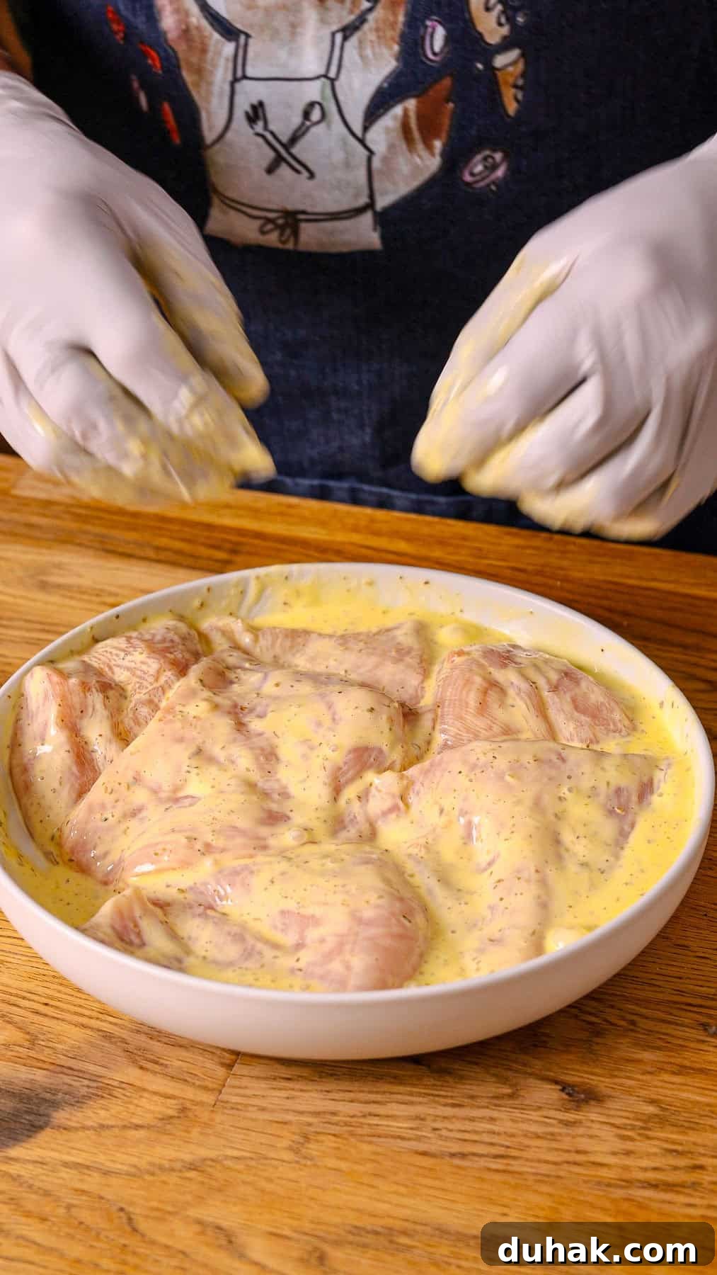 Trimmed chicken breasts in a marinade of mayo, italian seasoning, and egg.