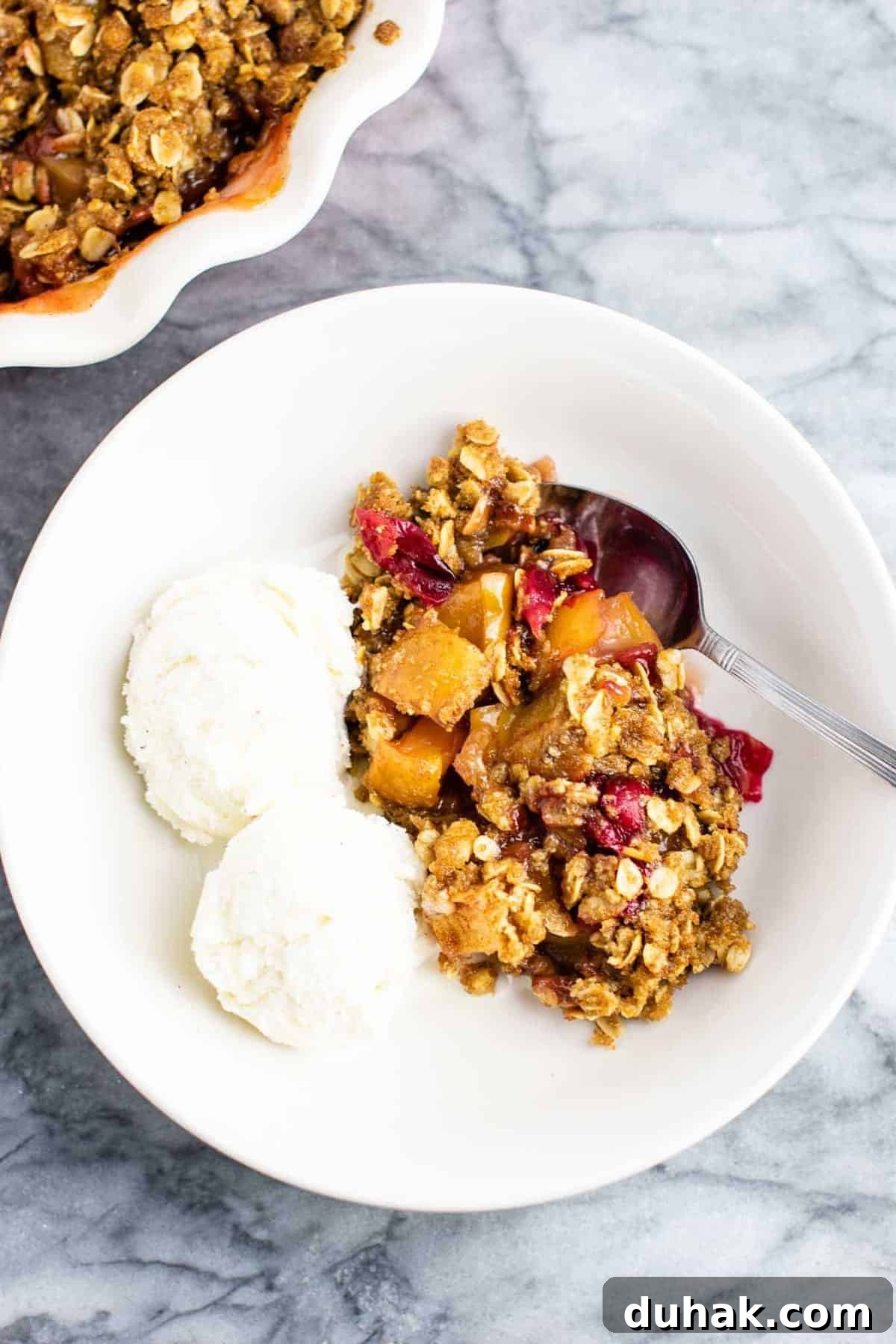 Cranberry Apple Crisp with Warm Cinnamon Crumble 2 cranberry apple crisp in a bowl with ice cream