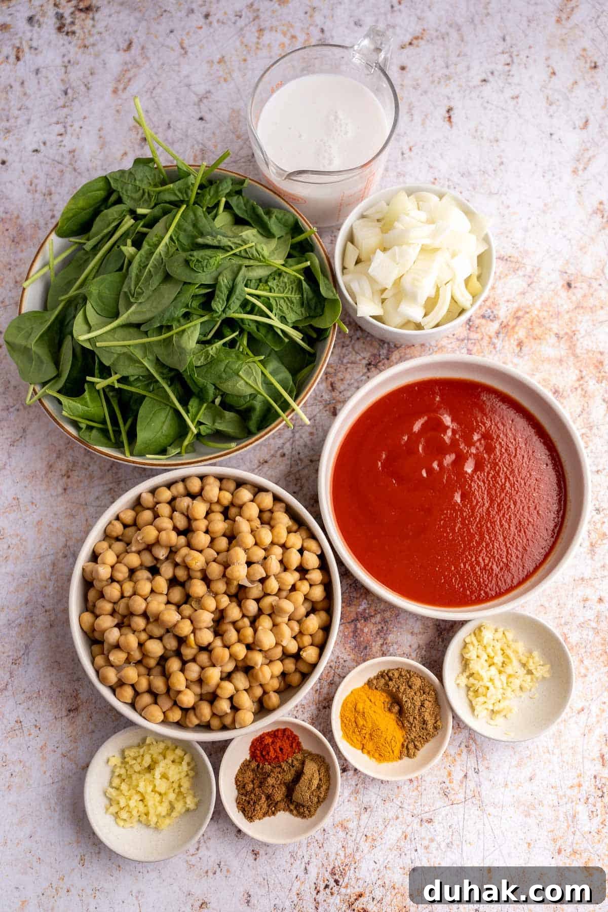 Chickpea and spinach curry ingredients.