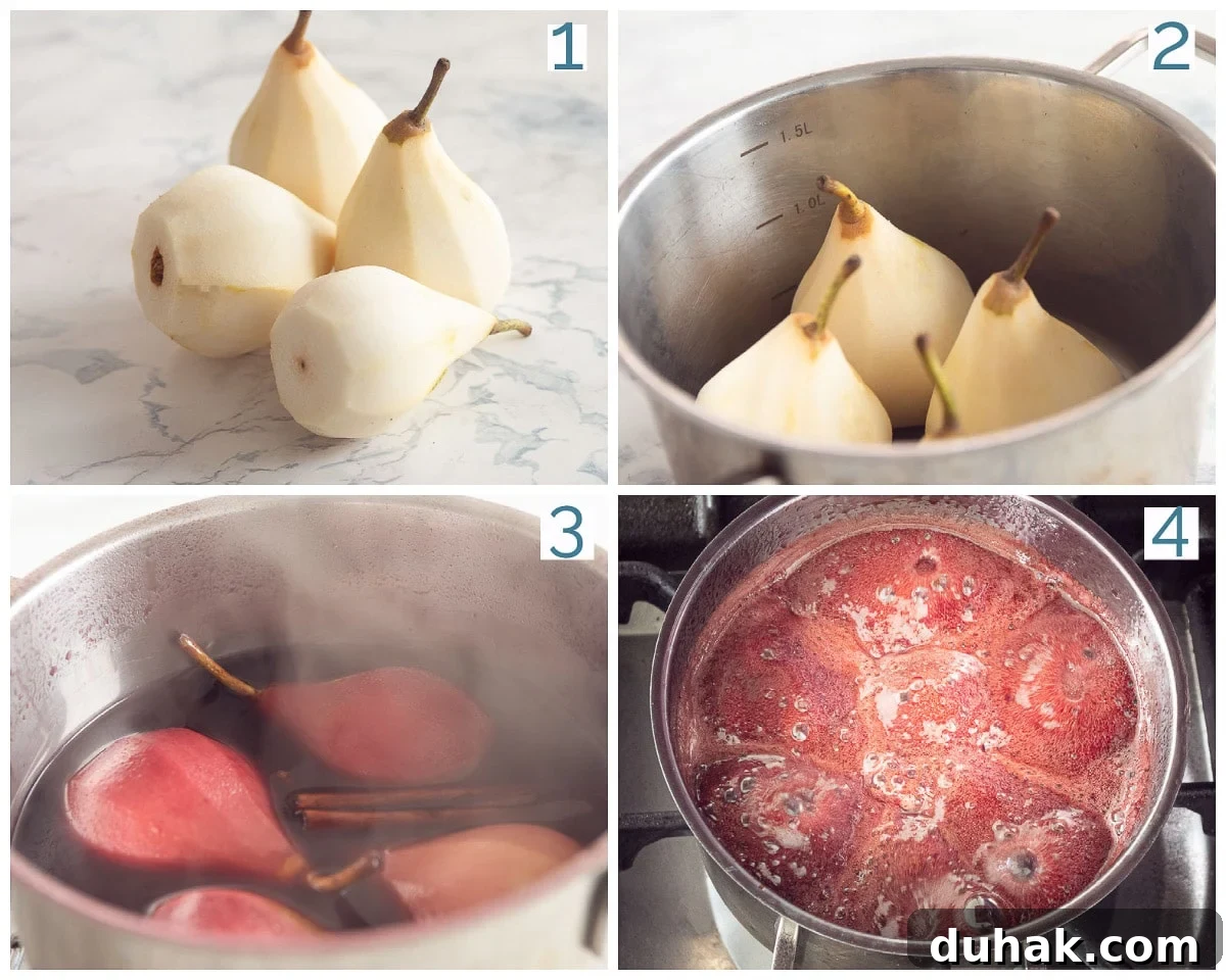 French Port-Poached Pears Recipe — Classic Dessert in Minutes 4 Four photos showing the preparation of the stewed pears in port and wine