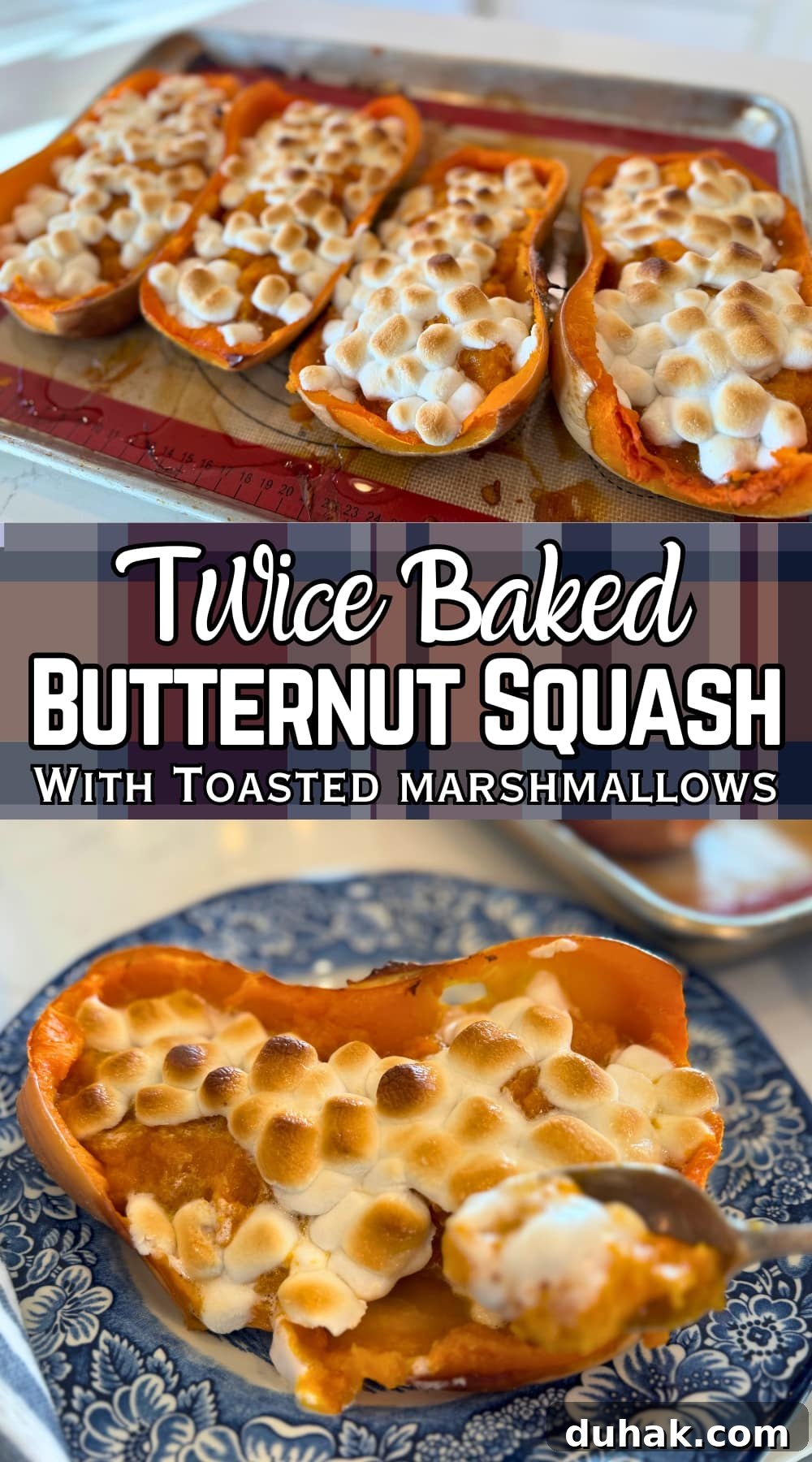 twice baked butternut squash with toasted marshmallows with text