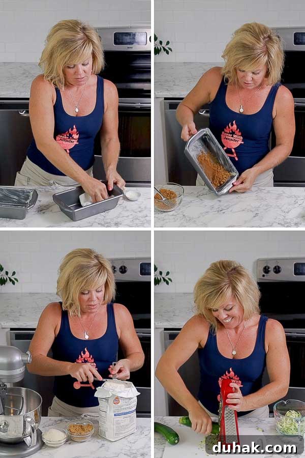 collage of process shots of Jennifer making Cinnamon crumble zucchini bread