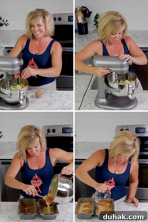 collage of process shots of Jennifer making Cinnamon crumble zucchini bread