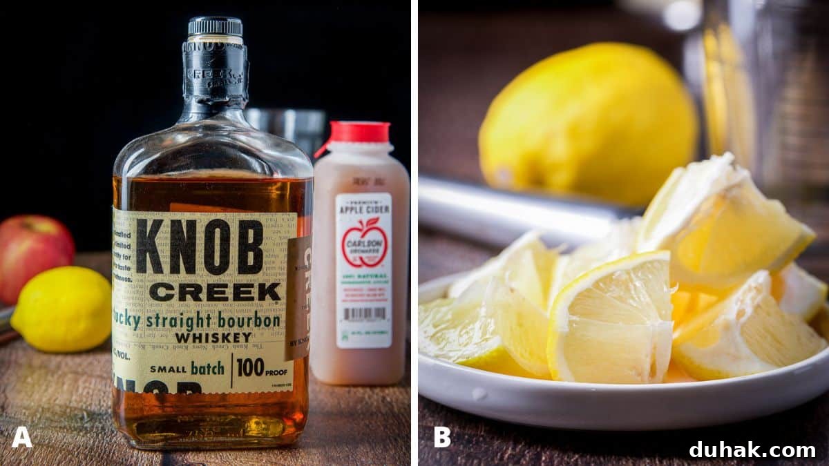 Apple Cider Bourbon Smash Cocktail Recipe 4 Left - bourbon, apple cider, lemon, and an apple. Right - cut up lemon on a plate with lemon in the back