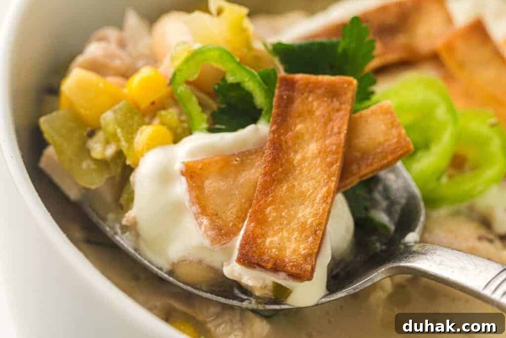 37 Comfort Food Recipes That Keep Reappearing on Menus 27 A spoonful of white chili with sour cream, corn, green chili slices, cilantro, and crispy tortilla strips.