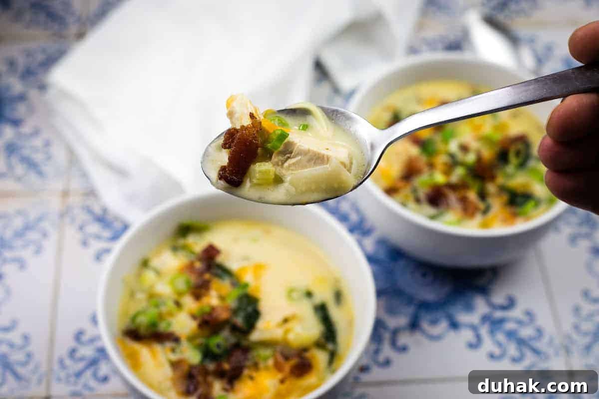 37 Comfort Food Recipes That Keep Reappearing on Menus 4 A close-up of a spoonful of Million Dollar soup with chicken, bacon, and green onions held above a bowl of the same soup on a patterned surface.