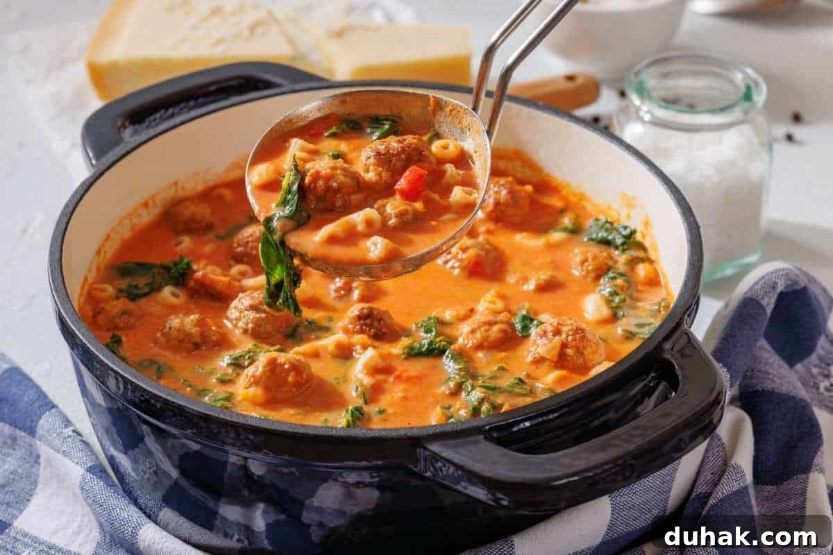 37 Comfort Food Recipes That Keep Reappearing on Menus 7 A ladle lifts meatball soup with spinach, pasta, and tomato broth from a black pot on a kitchen counter.