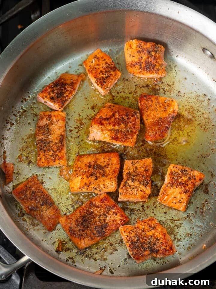Creamy Salmon Pesto Pasta with Lemon Zest 9 pieces of salmon, seasoned side up, skin side down, in skillet