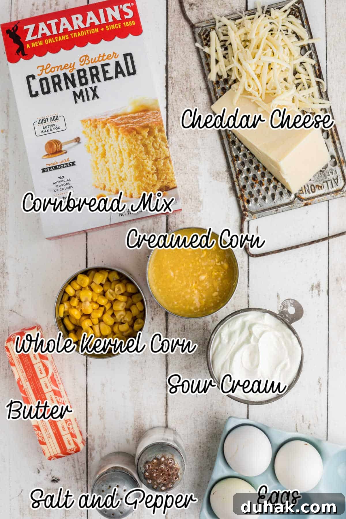 Overhead shot of the ingredients needed to make a cornbread pudding, with text overlay.