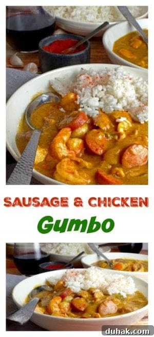 Classic Sausage and Chicken Gumbo Recipe — Hearty Creole Stew 11 Sausage and Chicken Gumbo in bowl with spoon on table