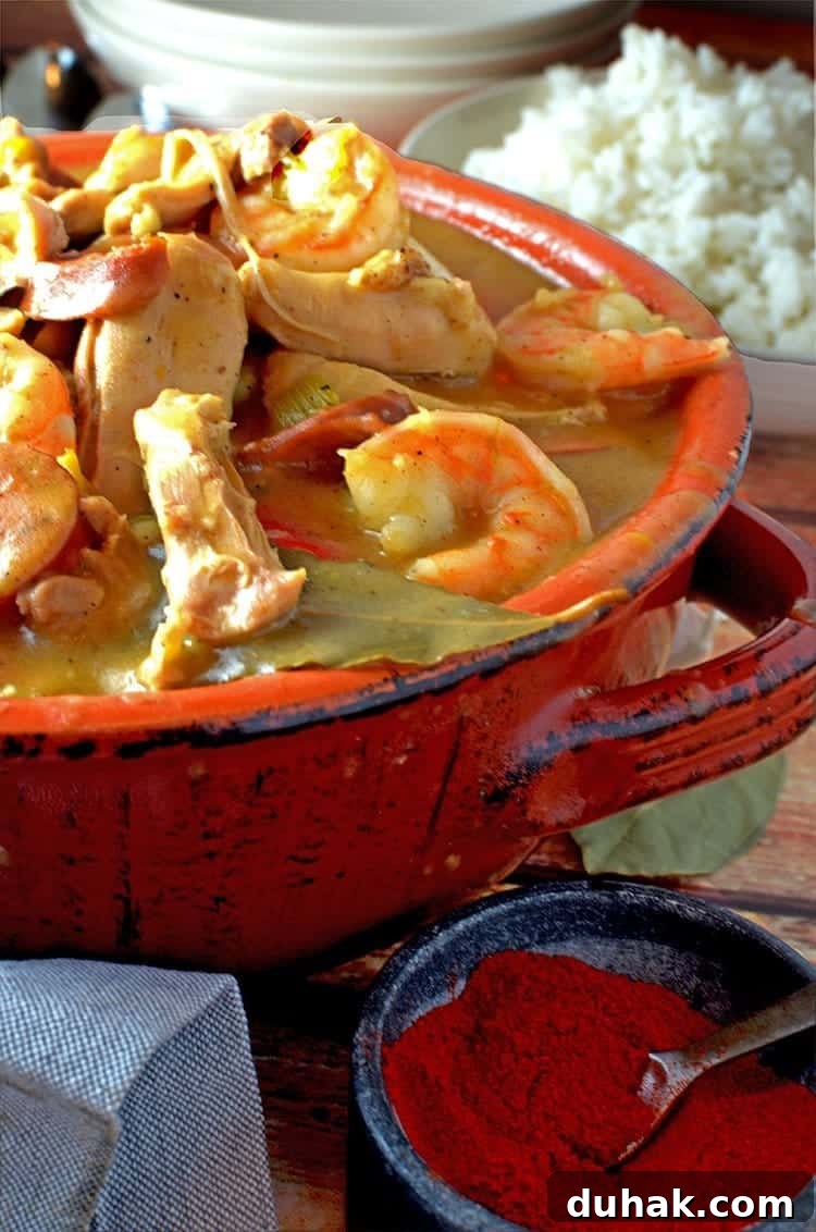 Classic Sausage and Chicken Gumbo Recipe — Hearty Creole Stew 3 A bowl of gumbo with rice.