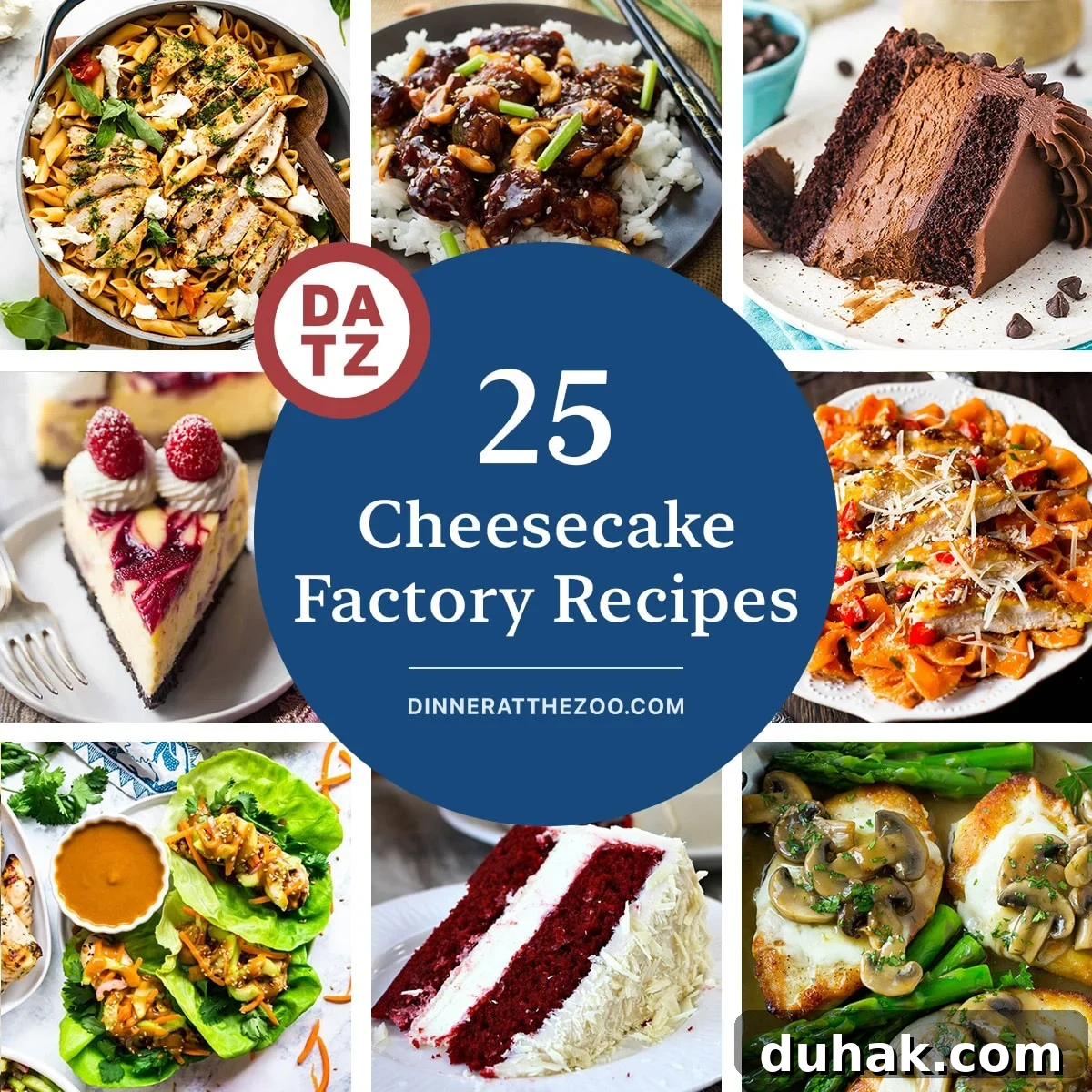 A group of Cheesecake Factory recipes including chicken madeira, red velvet cheesecake and spicy cashew chicken.