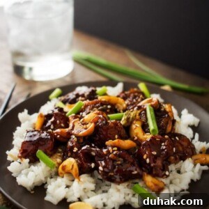 Spicy cashew chicken over rice.