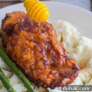 Truffle honey chicken on mashed potatoes.