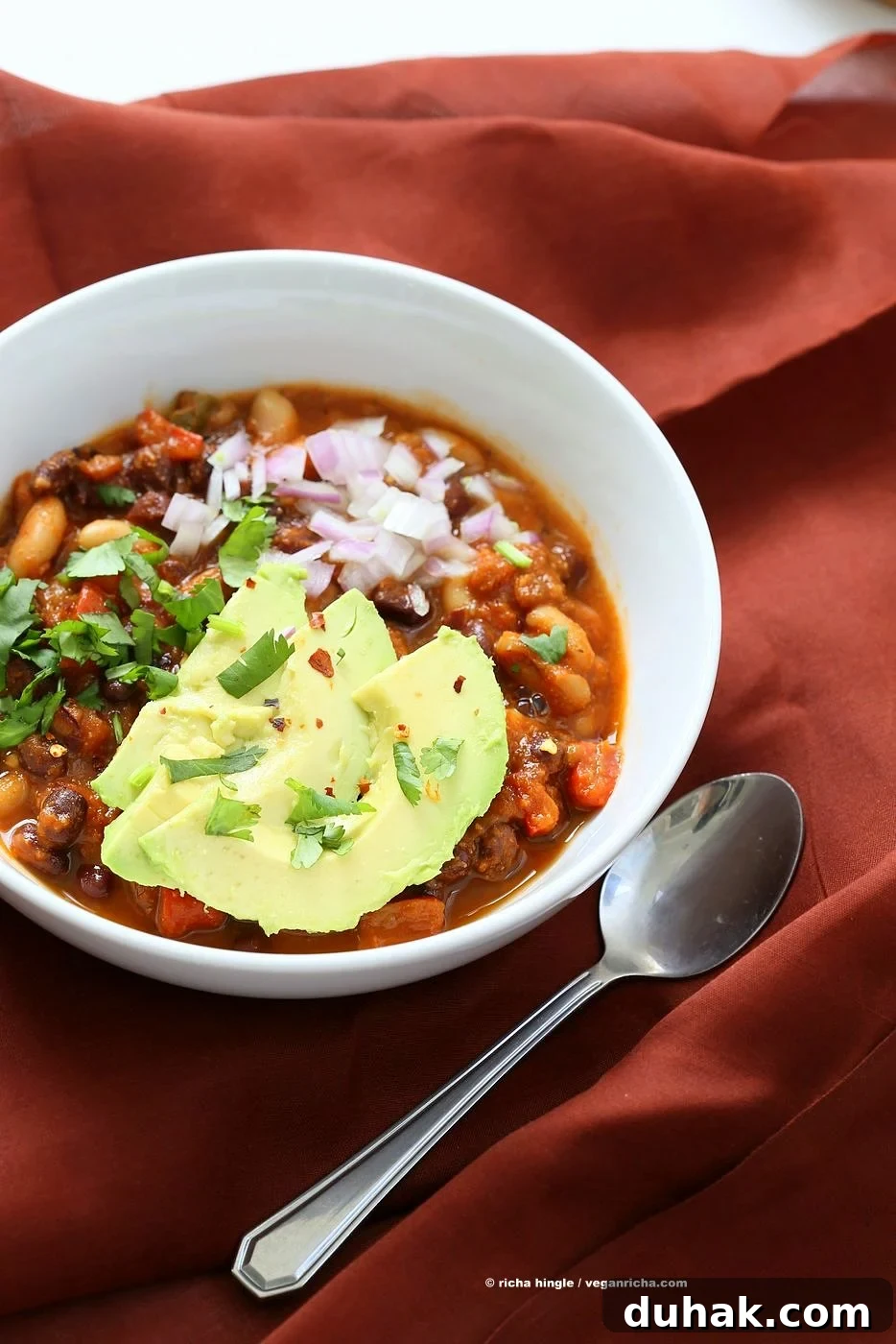 White and Black Bean Chili Recipe. Make this Hot bowl of Chili with Black Beans and White Cannellini or Northern Beans, peppers, veggies for Fall. 1 Pot, ready in 30 minutes. Vegan Gluten-free Soy-free Recipe. | VeganRicha.com
