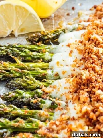 Cheesy baked asparagus on metal pan with lemon wedges.