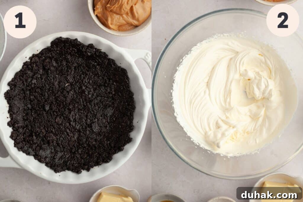 Oreo cookie crust in a pan and whipped cream in a bowl.