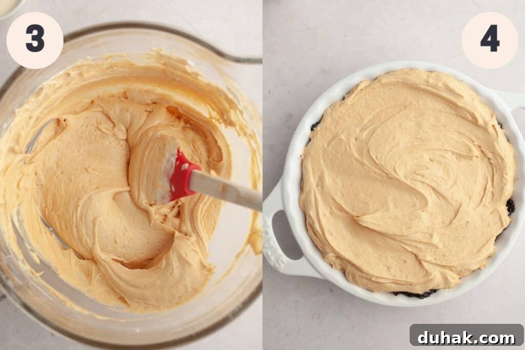 Peanut butter filling in a bowl and in a pie dish.