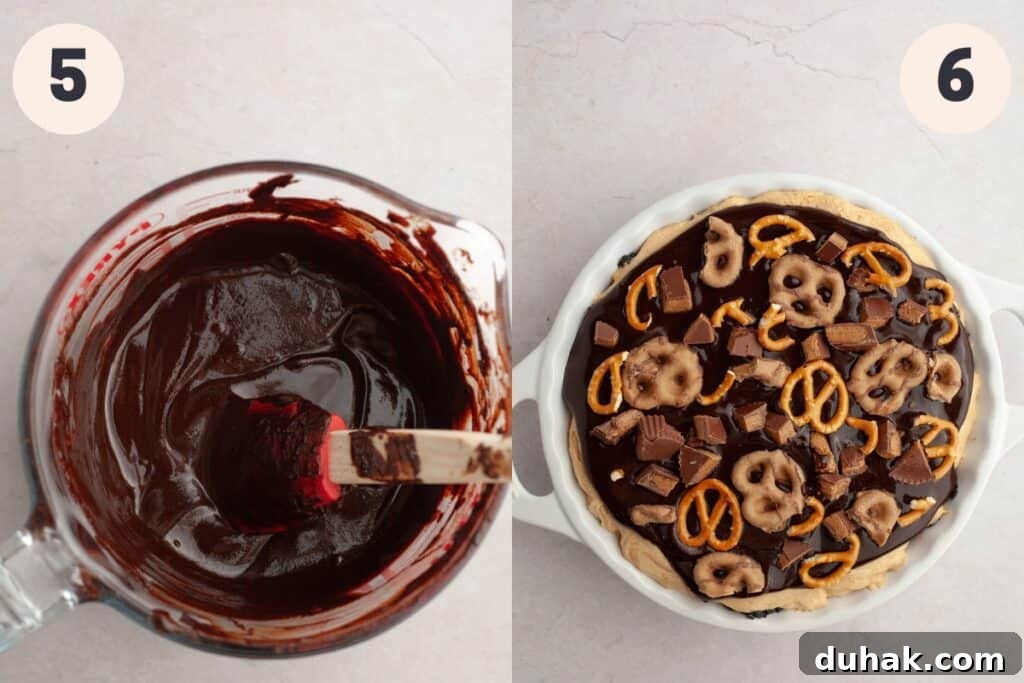 Chocolate ganache in a bowl and a chocolate covered pie with pretzels.
