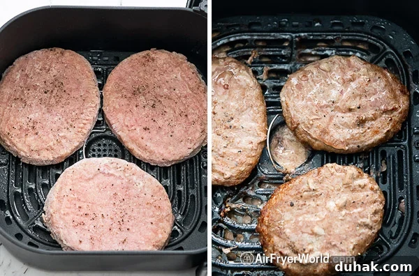 Air Fryer Guide: Perfectly Crispy Frozen Turkey Patties in Minutes 11 Raw and cooked 1/3 pound frozen turkey patties in air fryer basket