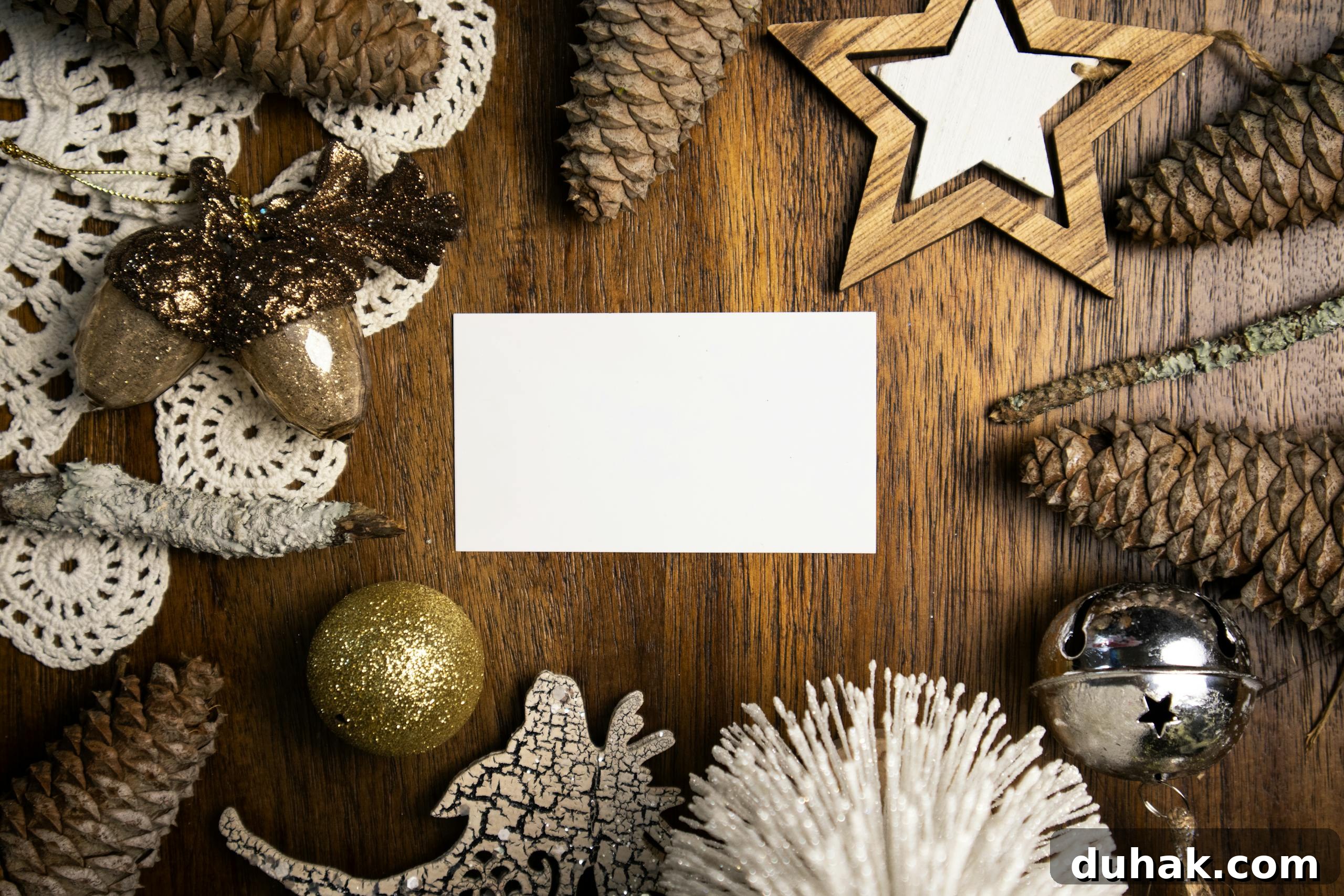 Wooden table adorned with festive Christmas decorations and pine cones in a flat lay arrangement.