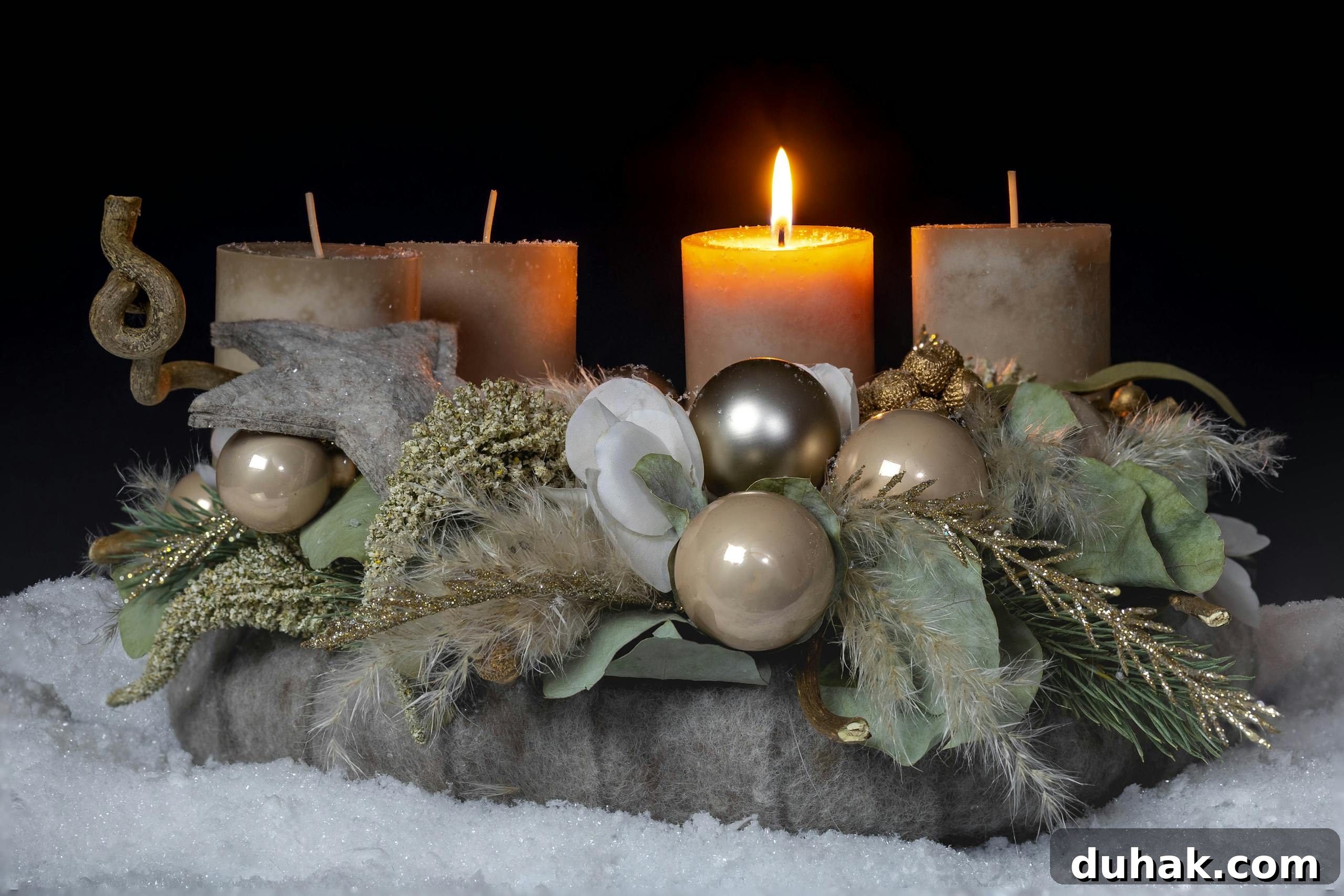 A festive Christmas centerpiece with candles, baubles, and wreaths on snow.
