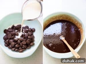 Collage of 2 photos: hot cream is pouring over chocolate wafer, liquid chocolate ganache.