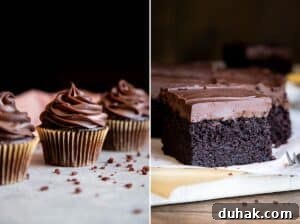 Collage of 2 photos showing chocolate ganache frosting piped on cupcakes and spread on single layer cake.