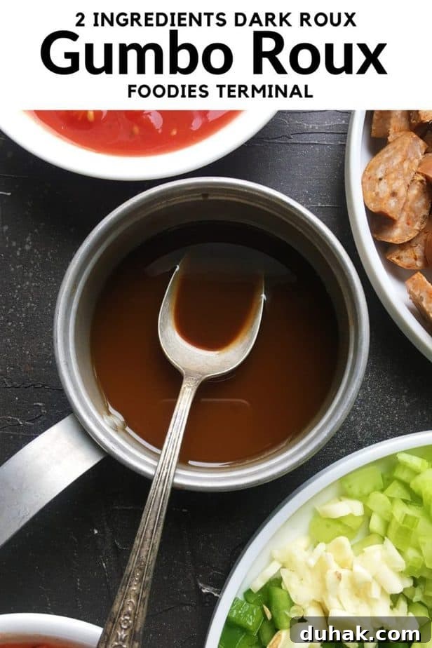 gumbo roux recipe in a white pot with spoon surrounded by gumbo ingredients