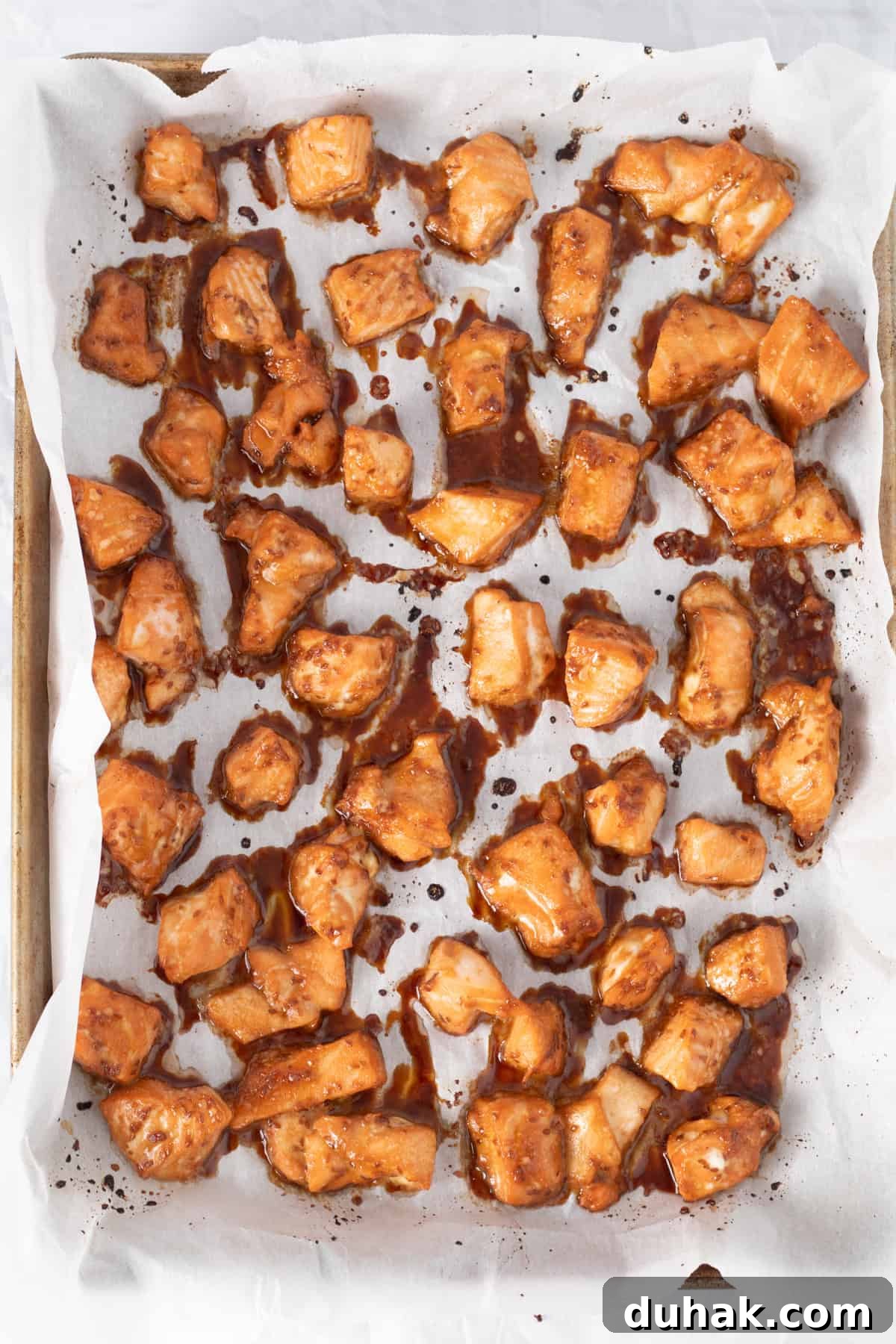 cooked salmon bites just out of the oven.