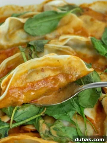 potstickers on a spoon over the serving dish.