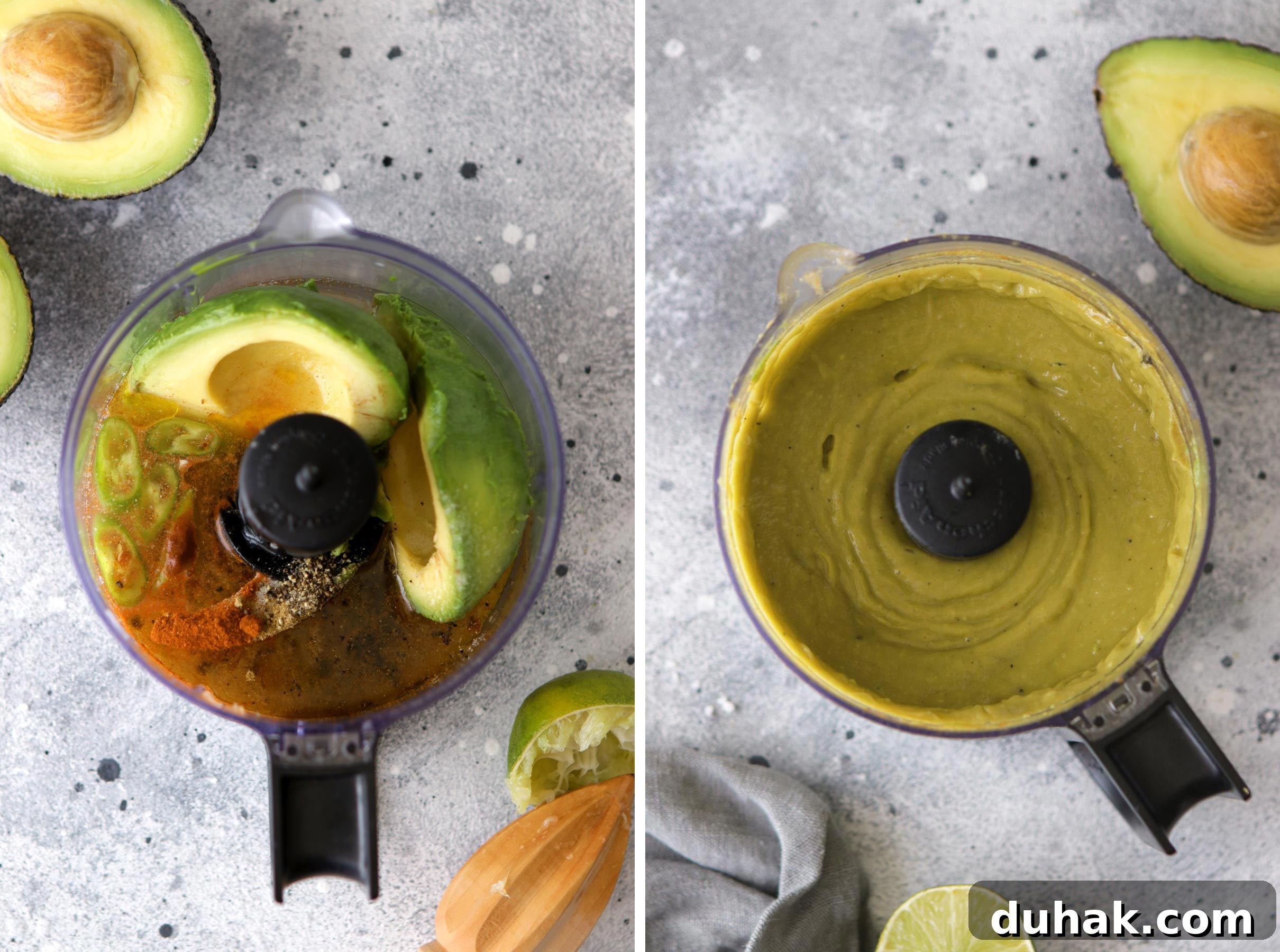 Creamy Avocado Vegan Dressing Recipe for Salads & Bowls 7 Avocado Sauce in a Blender Before and After Blending Collage