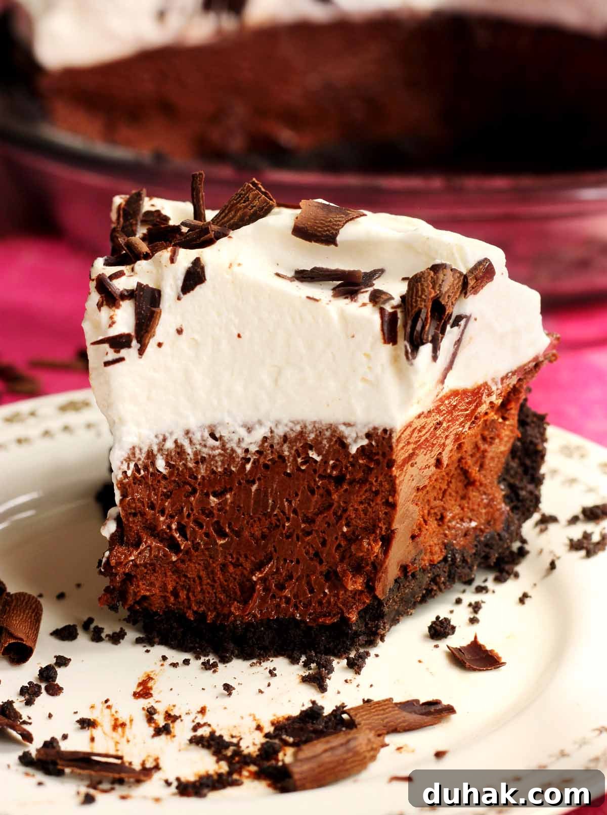 French silk pie slice with bite