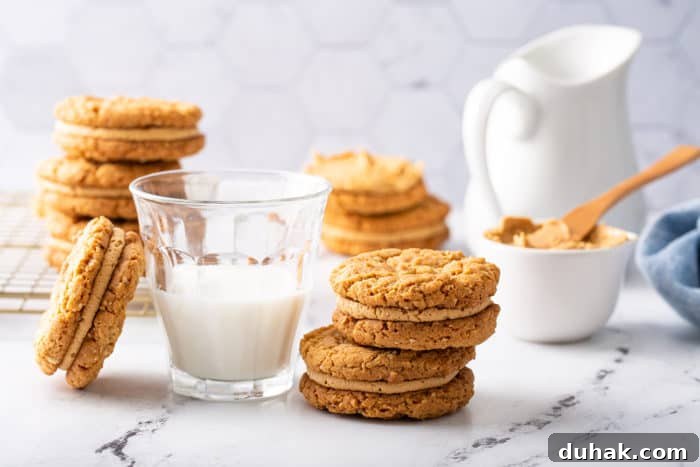Biscoff Sandwich Cookies Recipe: Crispy Cookies with Lotus Spread Filling 10 Biscoff sandwich cookies stacked next to a glass of milk on a marble counter