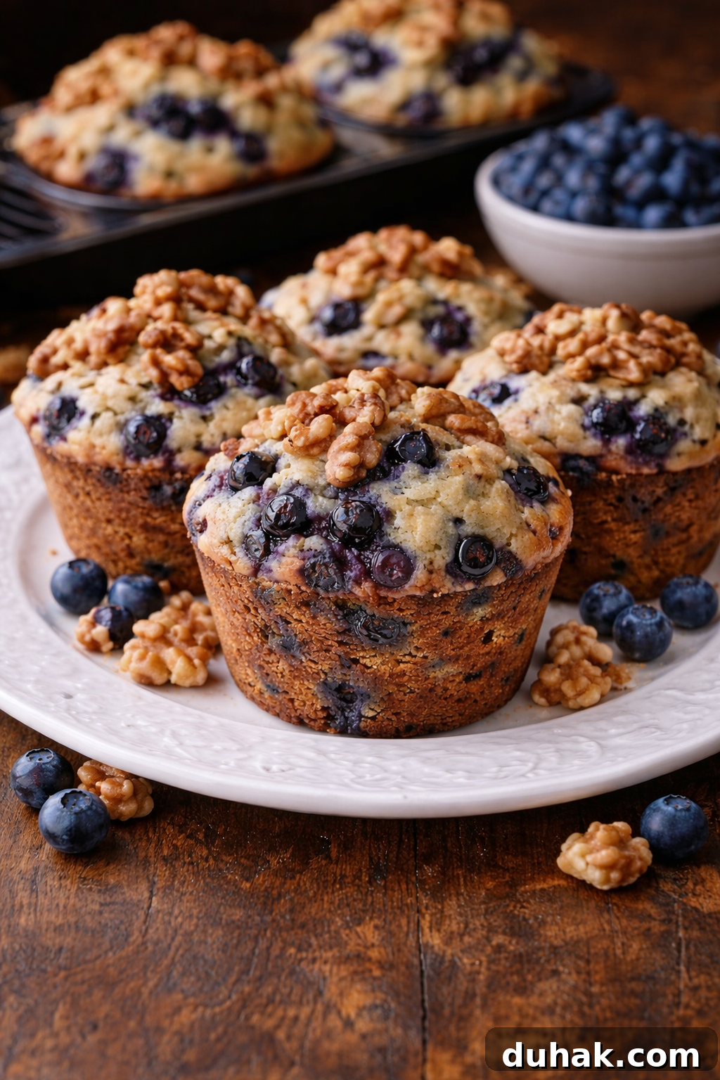 Fluffy Blueberry Muffins with Crunchy Walnuts 7 Blueberry Walnut Muffins on a pretty white plate