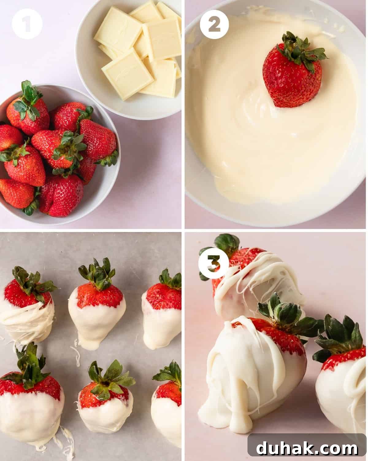 Wash and pat dry the strawberries. Remove any leaves that have began wilting or could be slimy. Place the white chocolate into a small bowl or large microwave safe cup. 
Place white chocolate into the microwave. Heat in 30 second increments in the microwave until the chocolate is fully melted. Stir the white chocolate in between each increment. Once the chocolate has melted dip the strawberry into the white chocolate at least half way up the berry. I prefer to dip the berry about ¾ of the way to top. 
Place the white chocolate dipped strawberry onto a parchment or wax paper lined baking sheet or large plate. Repeat dipping the strawberries into the melted chocolate until all the berries are coated. Using a fork drizzle any leftover white chocolate on top of the dipped fruit. If you are adding any other toppings, make sure to add them now. 
Leave the white chocolate covered strawberries to set a room temperature. The berries take about 15-20 minutes to set. Enjoy these strawberries with white chocolate the same day they are made or straight from the fridge. 
