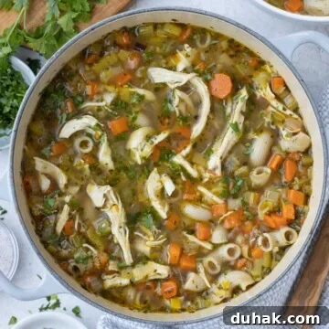 A finished pot of chicken vegetable soup ready to eat on a table.