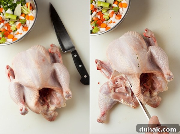 Steps cutting up a whole chicken on a cutting board with a chefs knife.