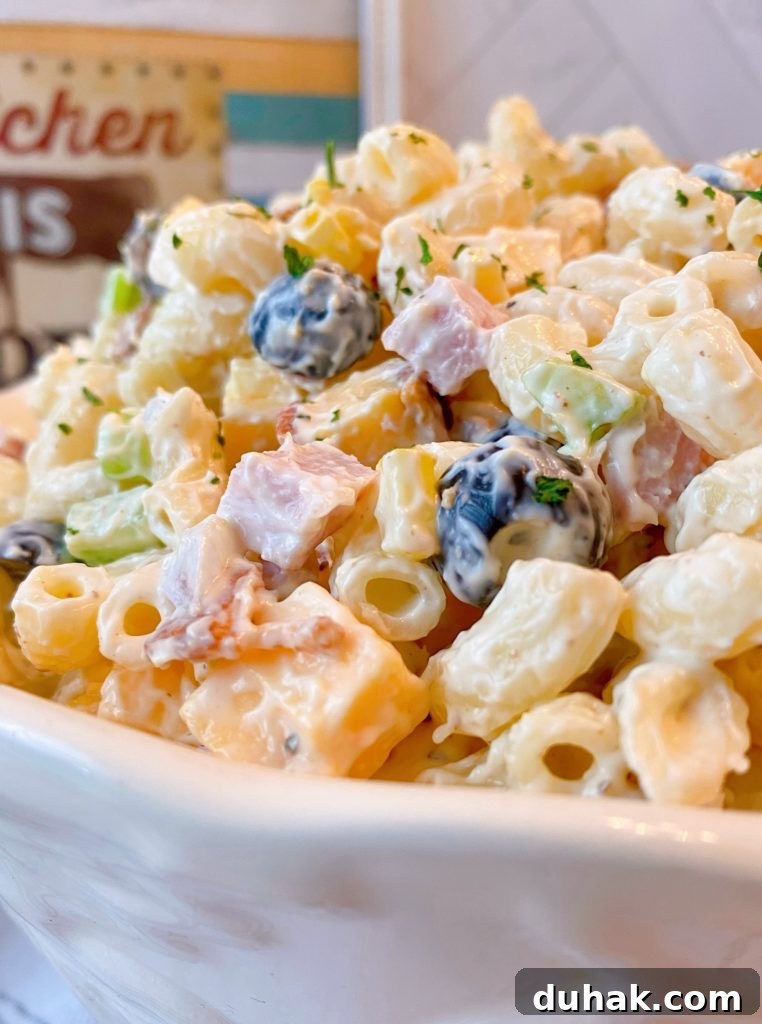 Close up photo of Creamy Summer Macaroni Salad.