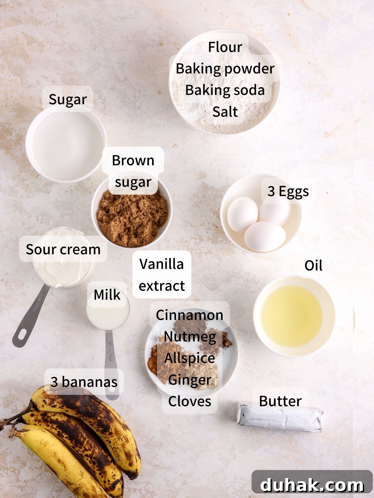 Moist Banana Spice Cake Recipe with Warm Cinnamon Flavor 3 Labeled ingredients for banana spice cake