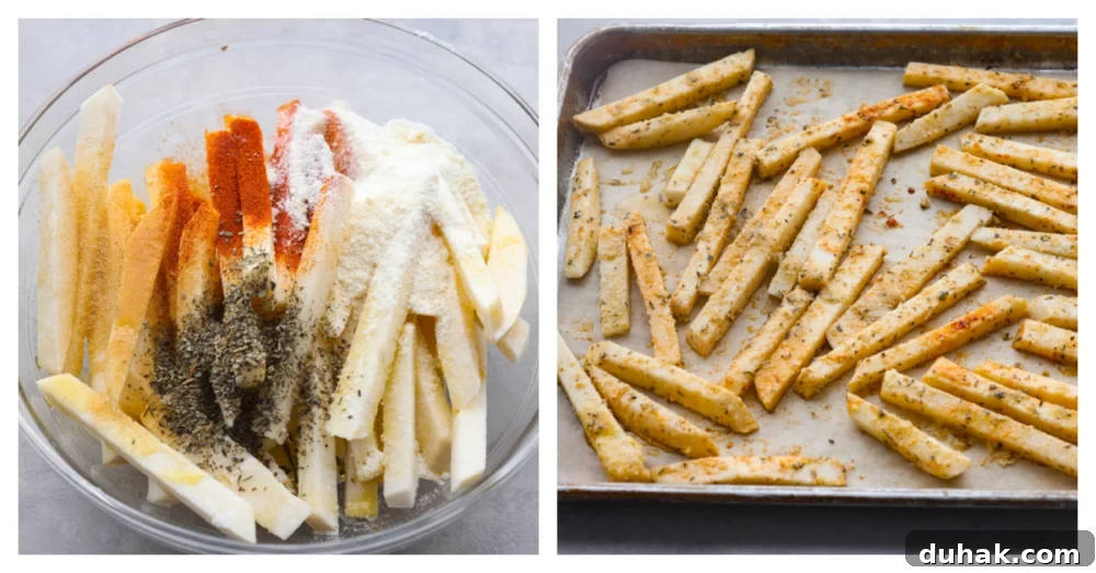 2-photo collage of raw jicama slices being seasoned and added to a baking sheet.
